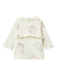 Benetton Baby Cat Print Cotton Long Sleeve Top, White Cream