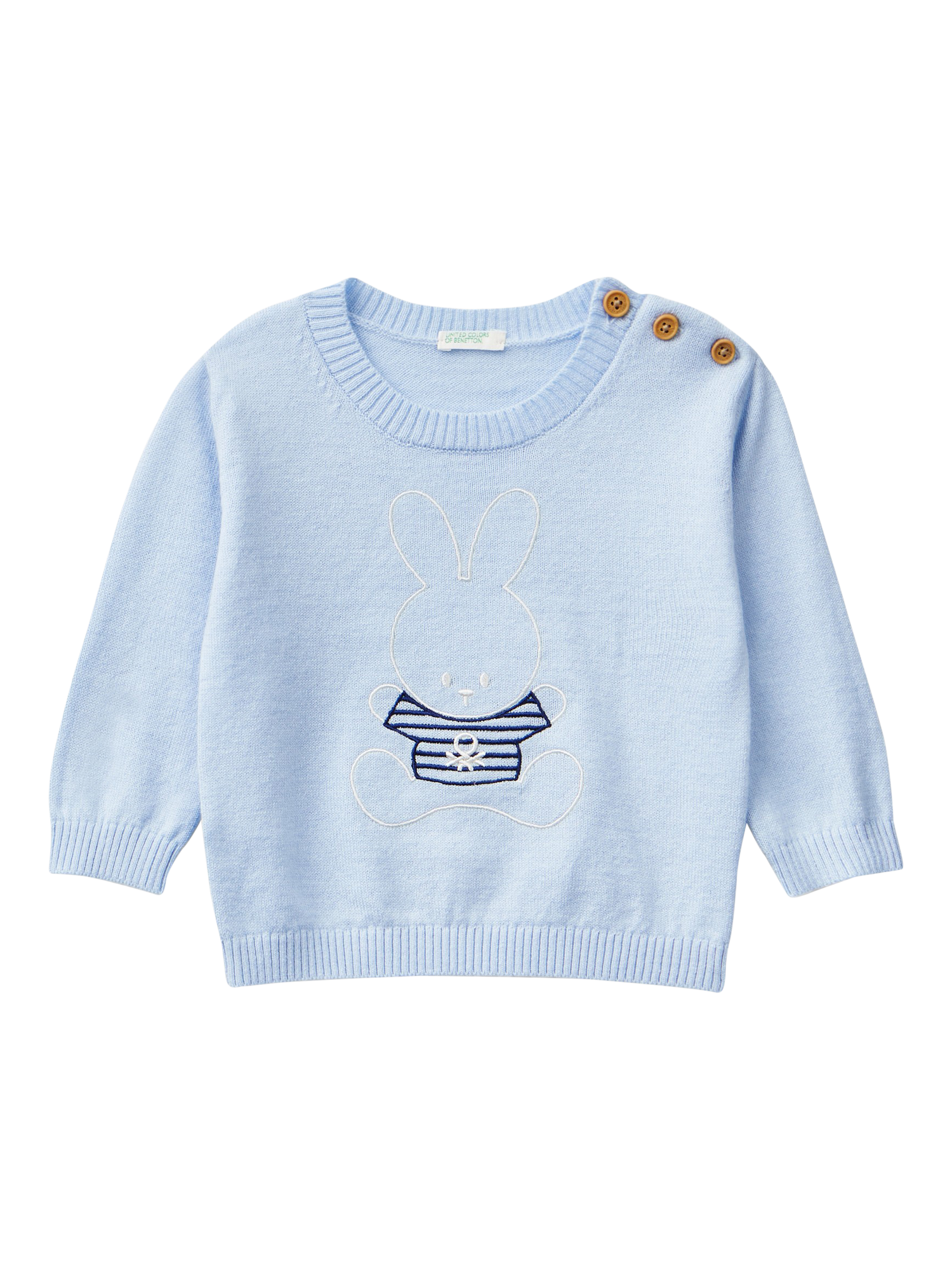 Benetton Baby Bunny Motif Jersey Jumper, Light Powder Blue