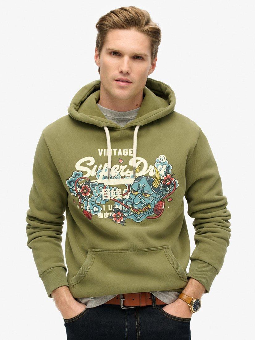 Product image 1 of 5, which shows Superdry Tokyo Vintage Logo Graphic Hoodie, Soft Moss Green, S