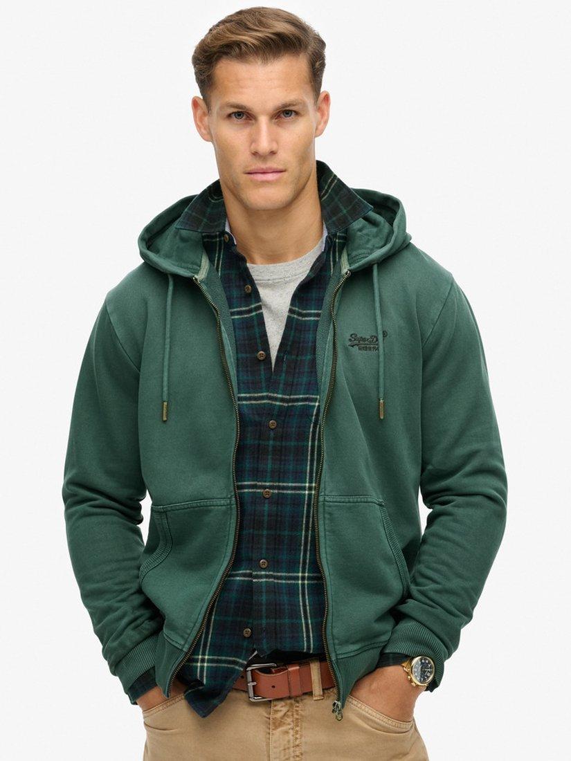 Product image 1 of 5, which shows Superdry Essential Logo Washed Zip Hoodie, Forest Green, S
