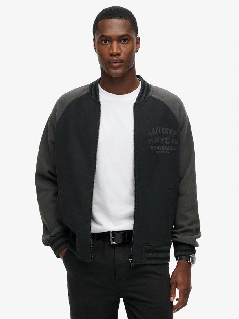 Product image 1 of 6, which shows Superdry College Graphic Jersey Bomber Jacket, Black, S