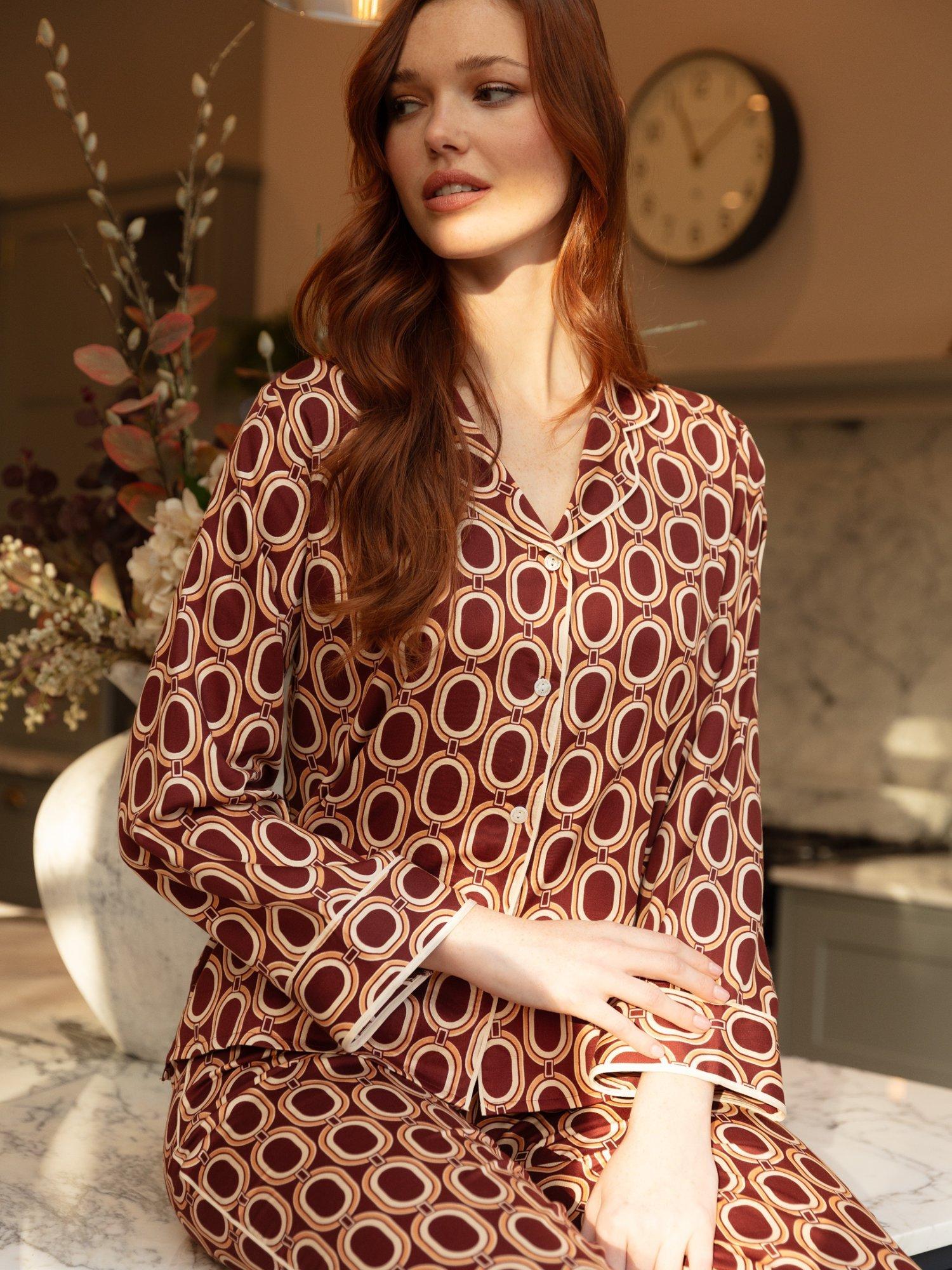Product image 1 of 4, which shows Fable & Eve Fitzrovia Chain Print Shirt Long Pyjama Set, Rust/Multi, 8