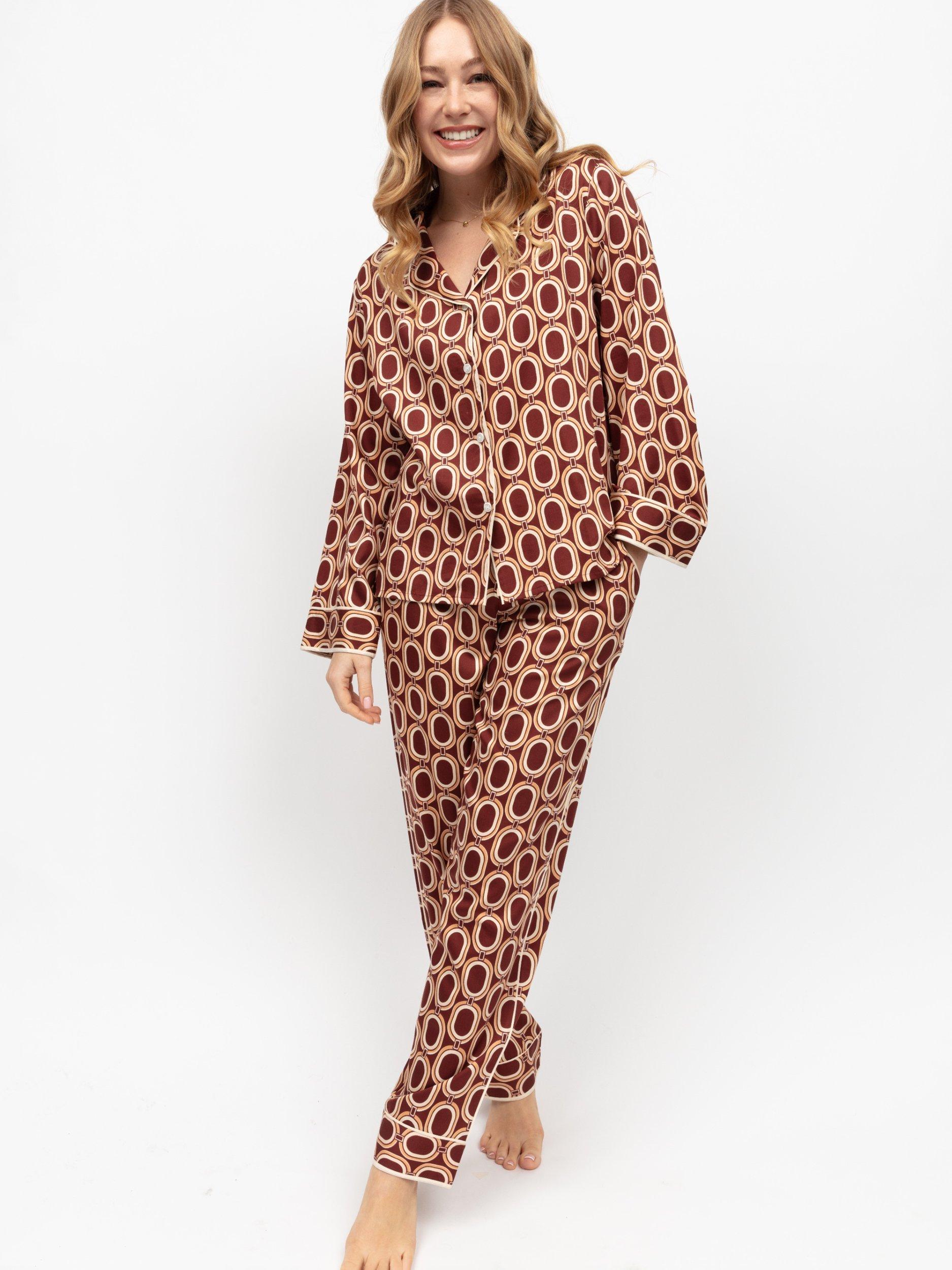 Product image 2 of 4, which shows Fable & Eve Fitzrovia Chain Print Shirt Long Pyjama Set, Rust/Multi, 8