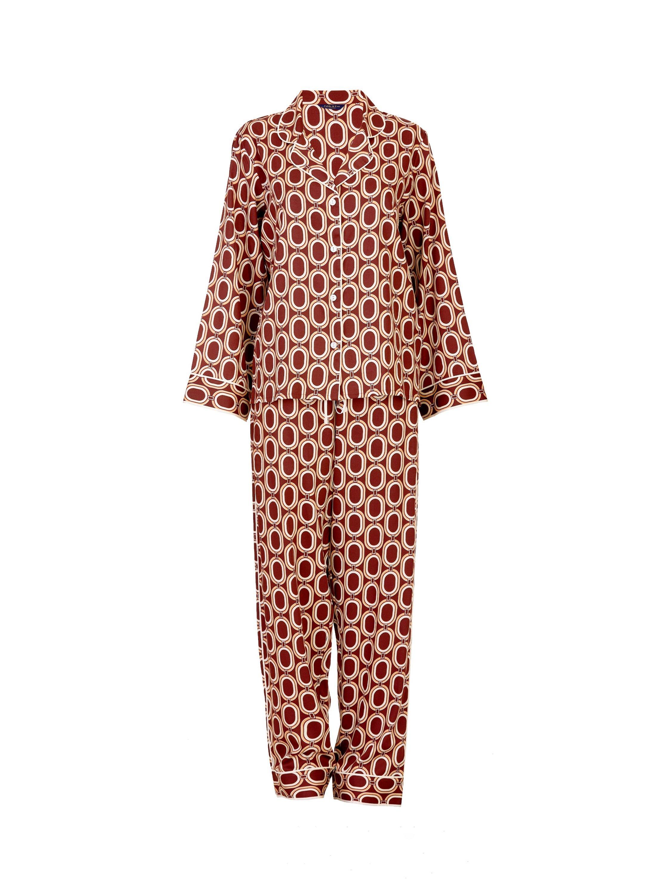 Product image 4 of 4, which shows Fable & Eve Fitzrovia Chain Print Shirt Long Pyjama Set, Rust/Multi, 8