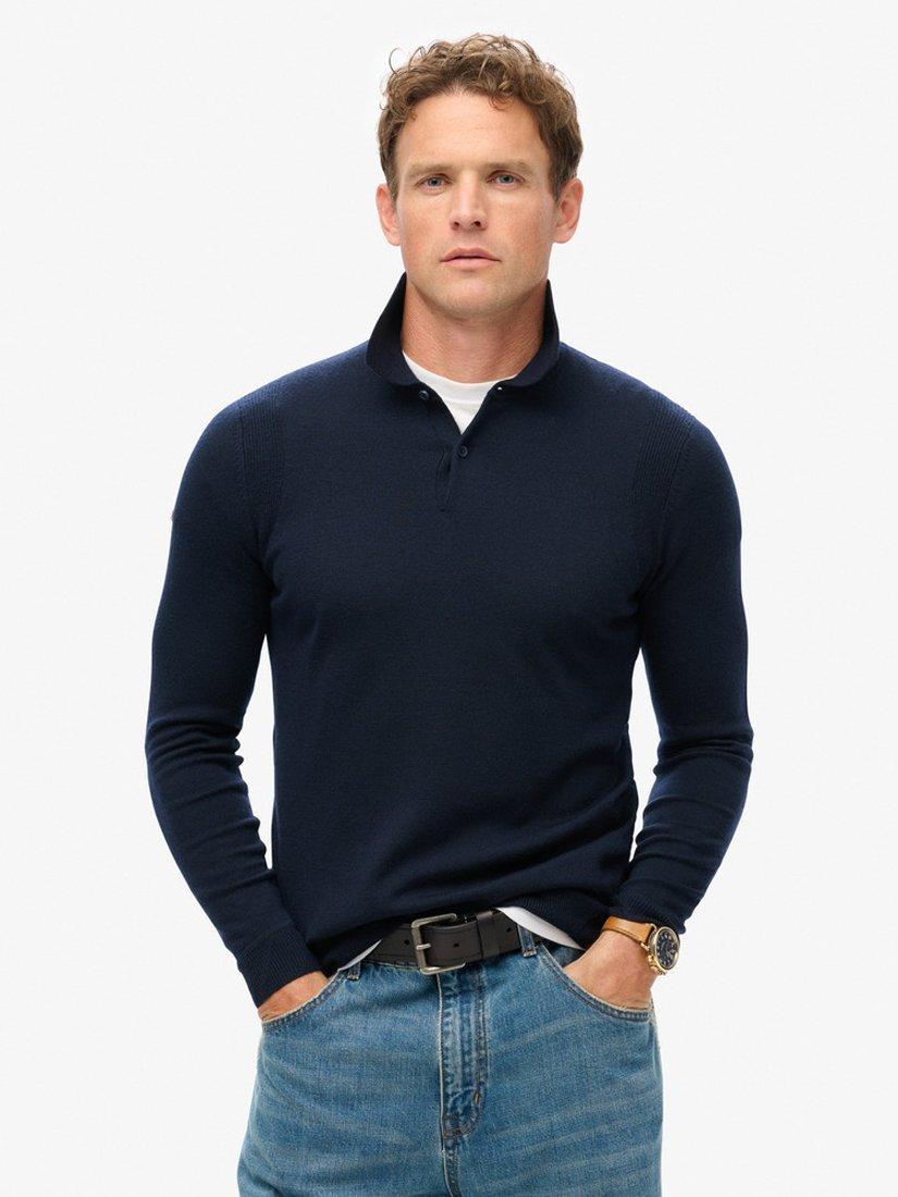 Superdry Merino Long-Sleeved Polo Jumper, Lauren Navy