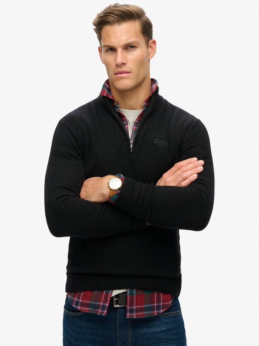 Product image 1 of 6, which shows Superdry Essential Embroidered Knitted Half Zip Jumper, Black, S