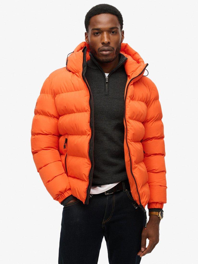 Orange puffer jacket with fur hood deals