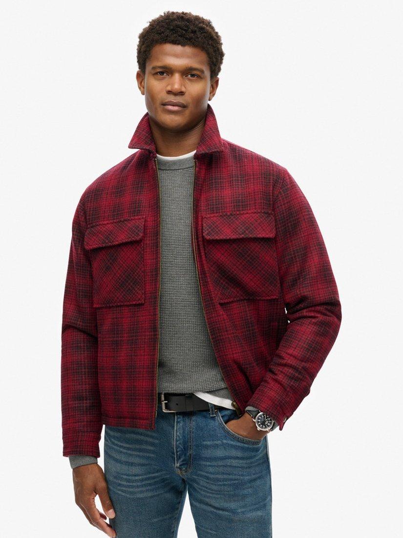 Product image 1 of 5, which shows Superdry Surplus Wool Blend Check Zip Through Overshirt, Haze Scarlett Ombre, S