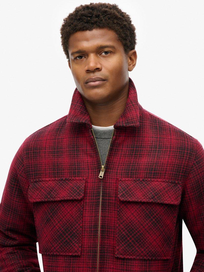 Product image 2 of 5, which shows Superdry Surplus Wool Blend Check Zip Through Overshirt, Haze Scarlett Ombre, S