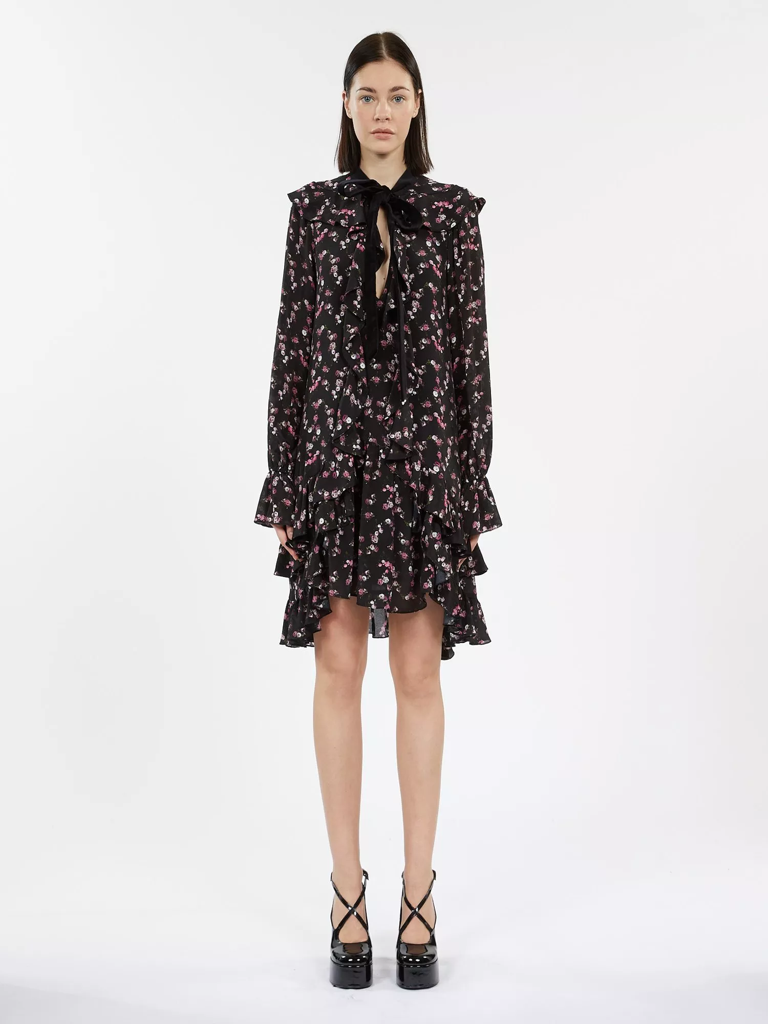 THE KOOPLES Floral Print Ruffle Mini Dress Black Pink