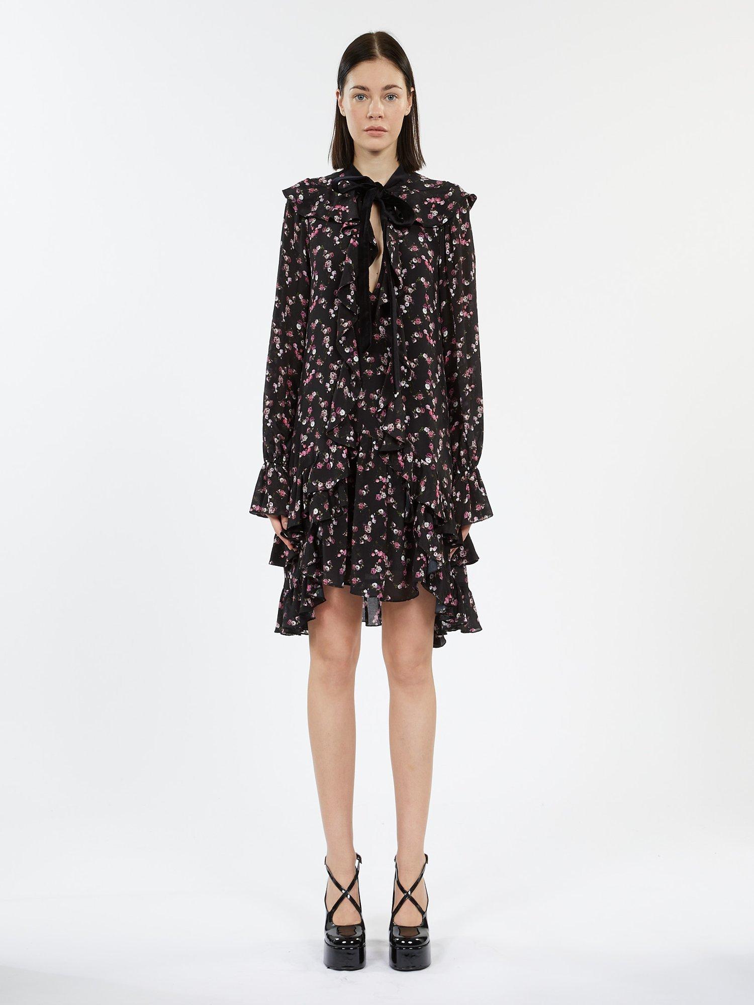 THE KOOPLES Floral Print Ruffle Mini Dress, Black/Pink