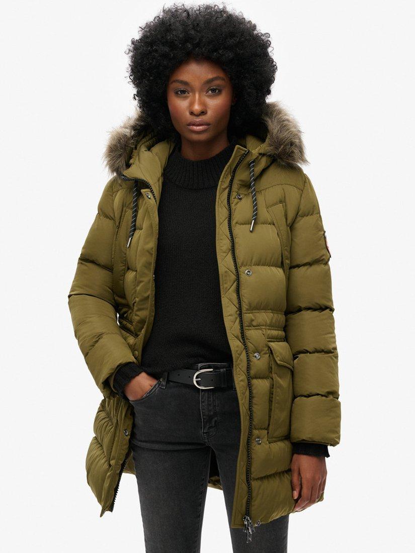 Product image 1 of 5, which shows Superdry Everest Mid Faux Fur Puffer Jacket, Dark Olive, 8