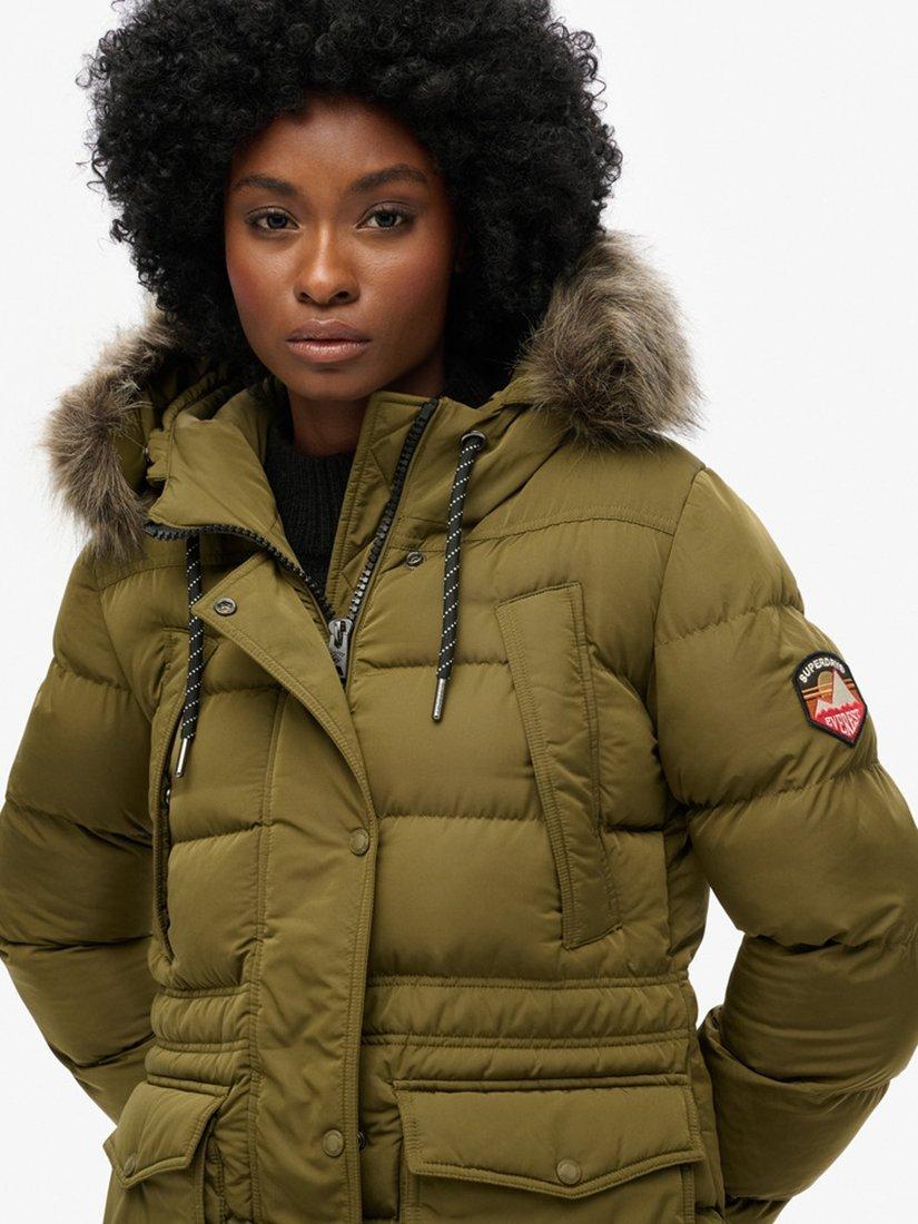 Product image 3 of 5, which shows Superdry Everest Mid Faux Fur Puffer Jacket, Dark Olive, 8
