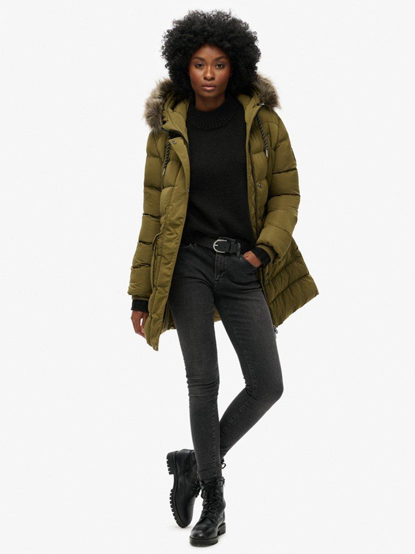 Product image 4 of 5, which shows Superdry Everest Mid Faux Fur Puffer Jacket, Dark Olive, 8