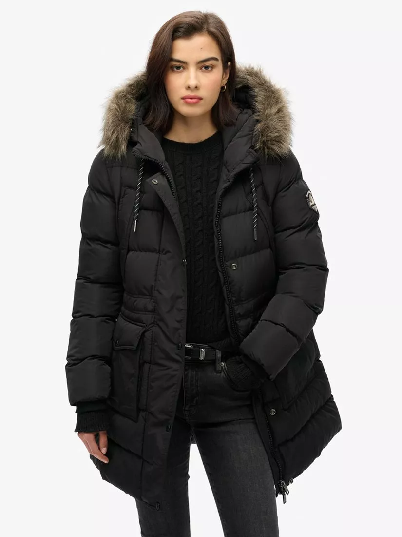 Superdry Everest Mid Faux Fur Puffer Jacket, Black