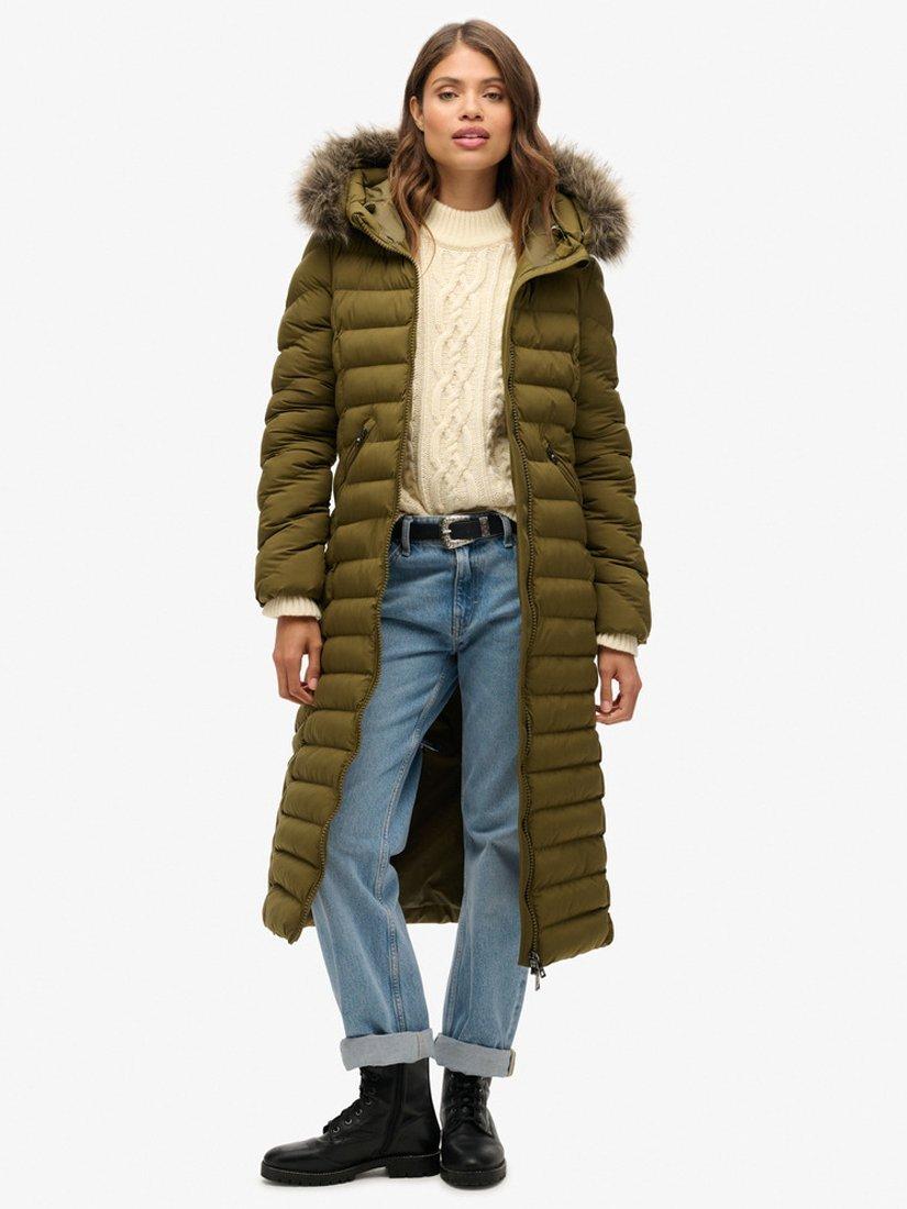 Product image 1 of 6, which shows Superdry Fuji Faux Fur Hooded Longline Jacket, Dark Olive, 8