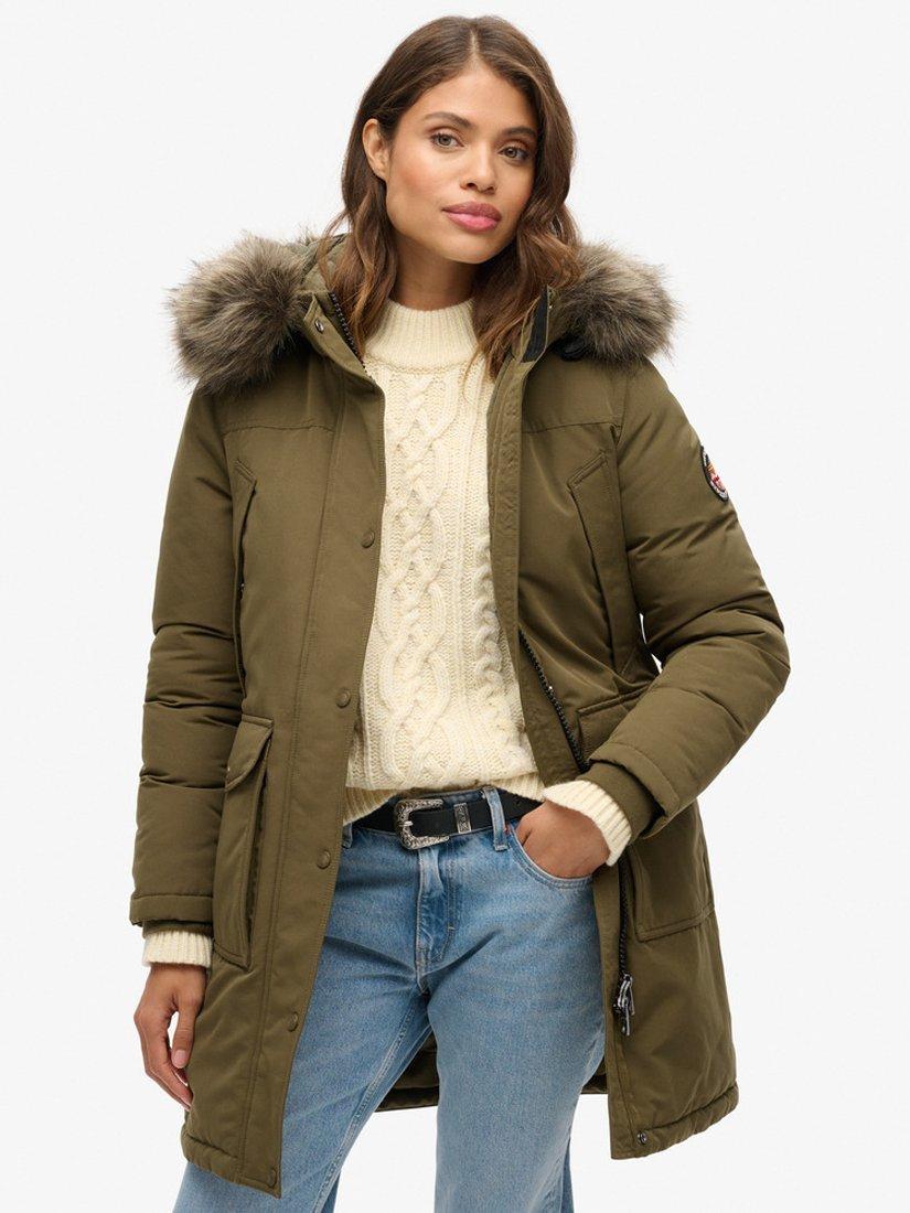 Product image 1 of 6, which shows Superdry Everest Faux Fur Parka Jacket, Dark Olive, 8