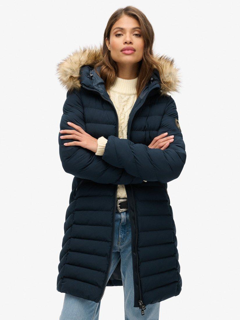 Mid length coat with fur hood best sale