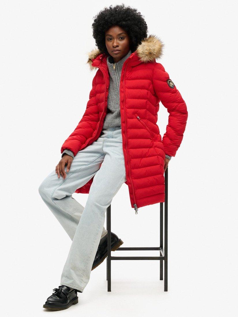 Product image 3 of 6, which shows Superdry Fuji Faux Fur Hood Mid Length Coat, Dark Red, 8