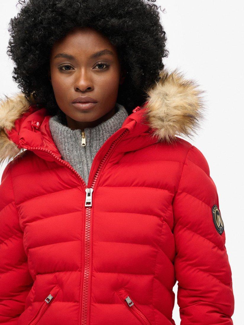 Product image 4 of 6, which shows Superdry Fuji Faux Fur Hood Mid Length Coat, Dark Red, 8