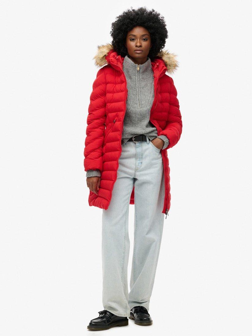 Product image 5 of 6, which shows Superdry Fuji Faux Fur Hood Mid Length Coat, Dark Red, 8