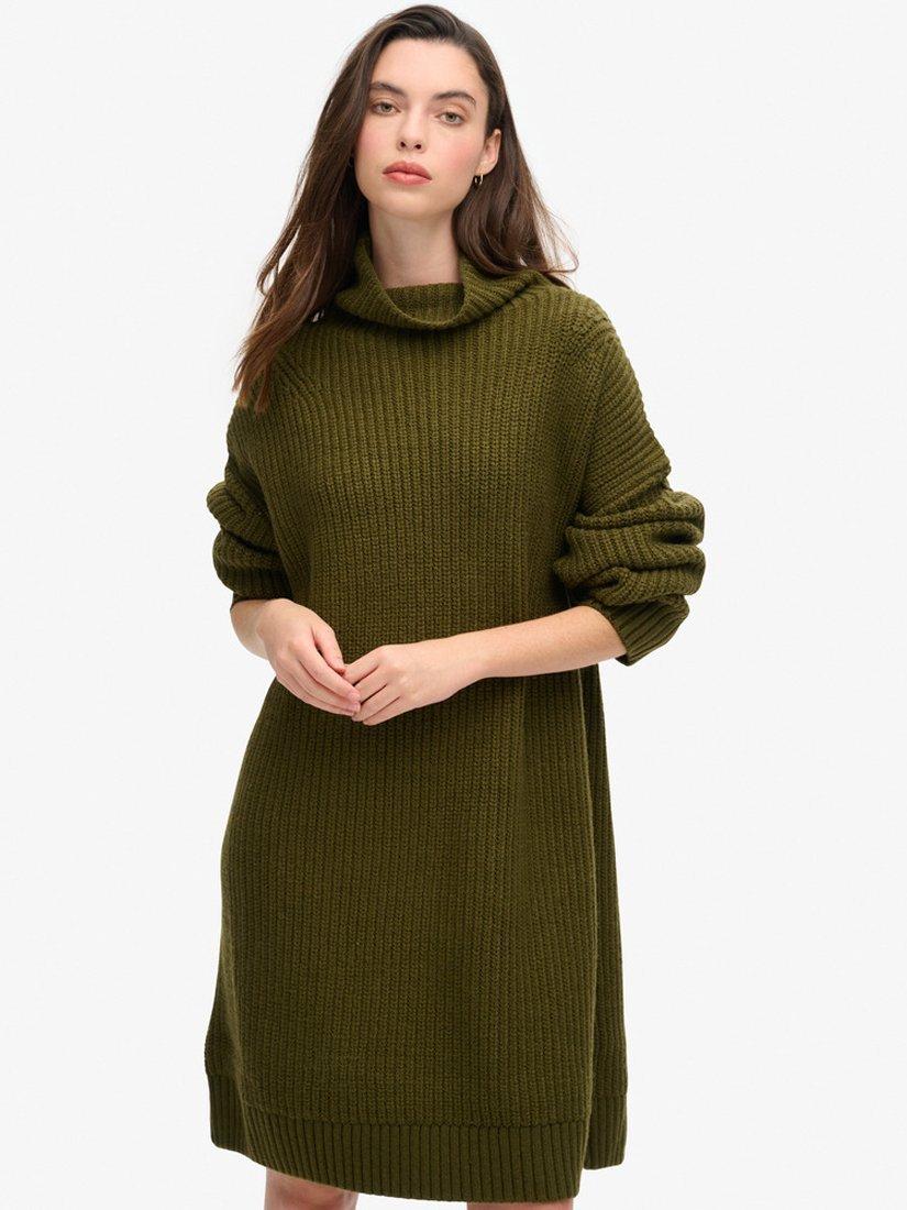 Product image 1 of 4, which shows Superdry Chunky Rib Knit Jumper Dress, Dark Moss Green, 8