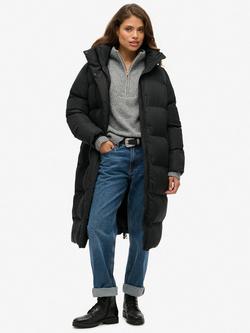 Superdry Longline Hooded Puffer Jacket, Black