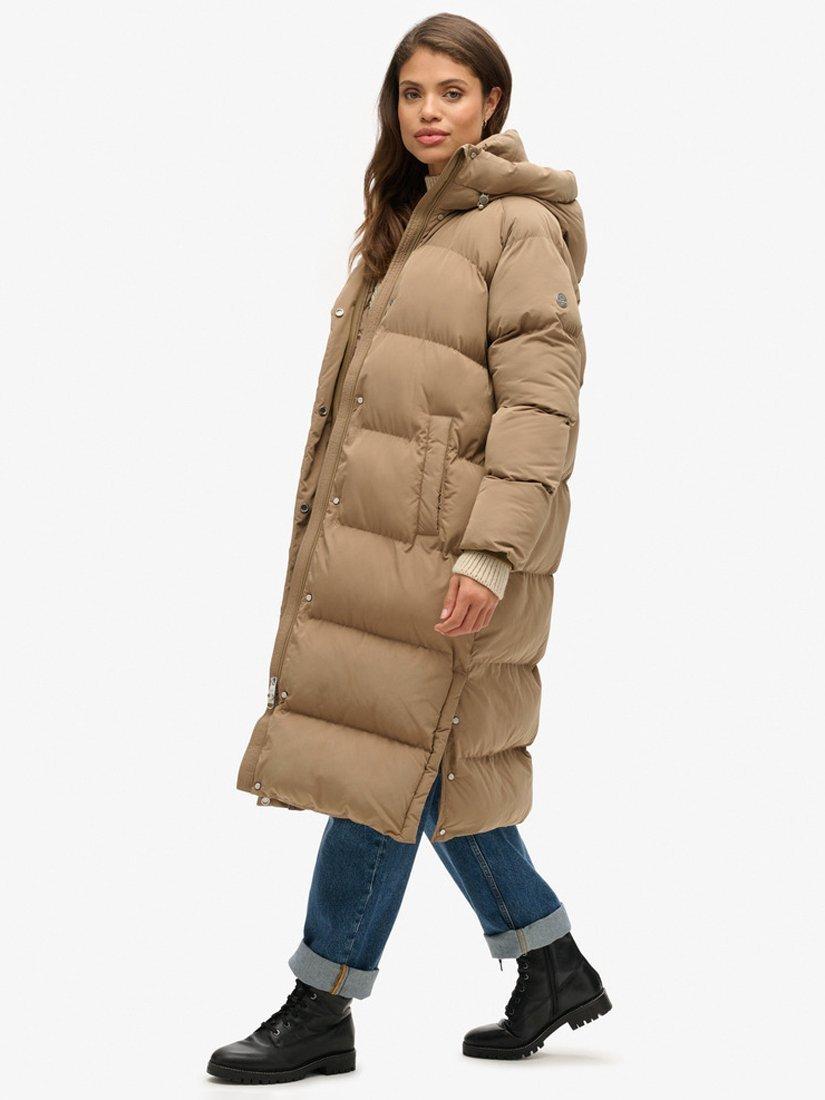 Product image 3 of 5, which shows Superdry Longline Hooded Puffer Jacket, Fossil Brown, 8