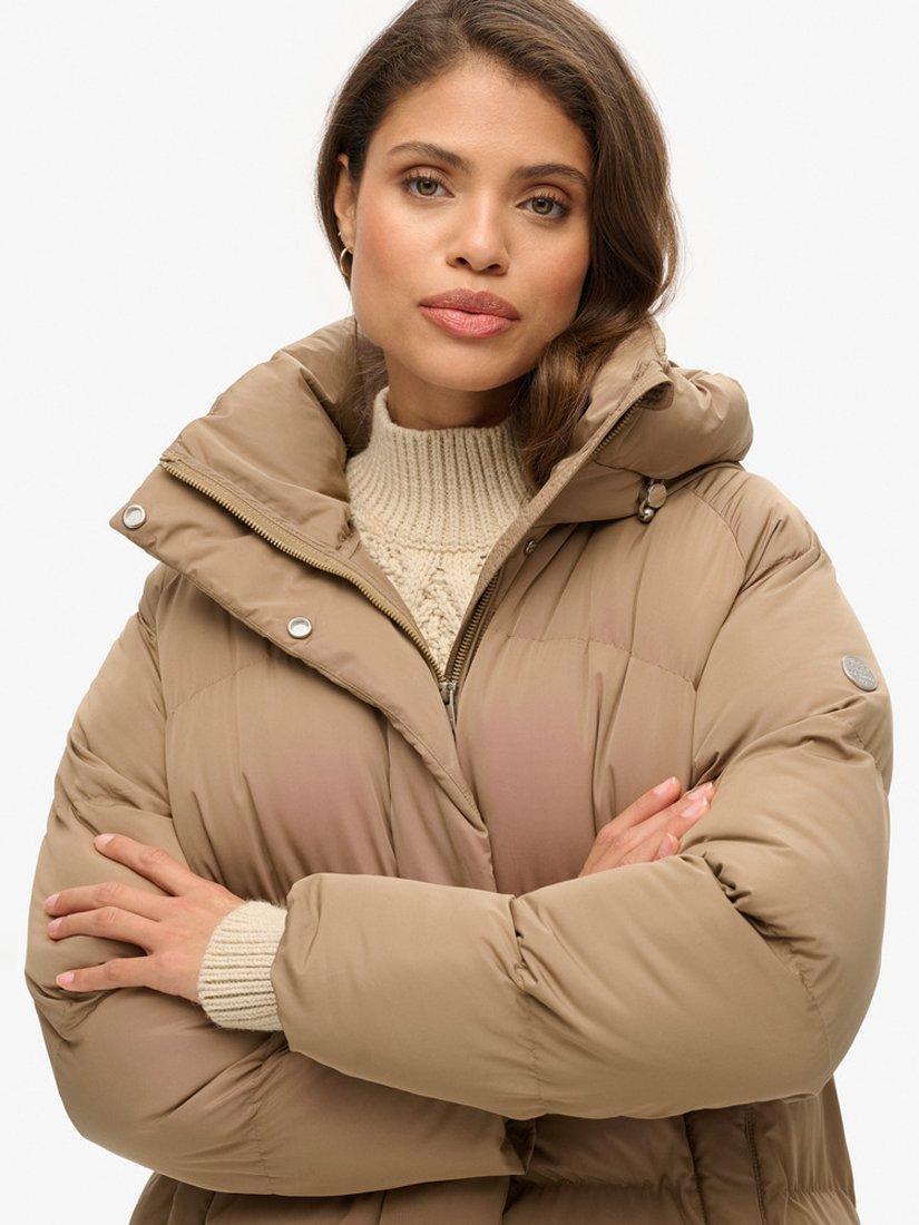 Product image 4 of 5, which shows Superdry Longline Hooded Puffer Jacket, Fossil Brown, 8