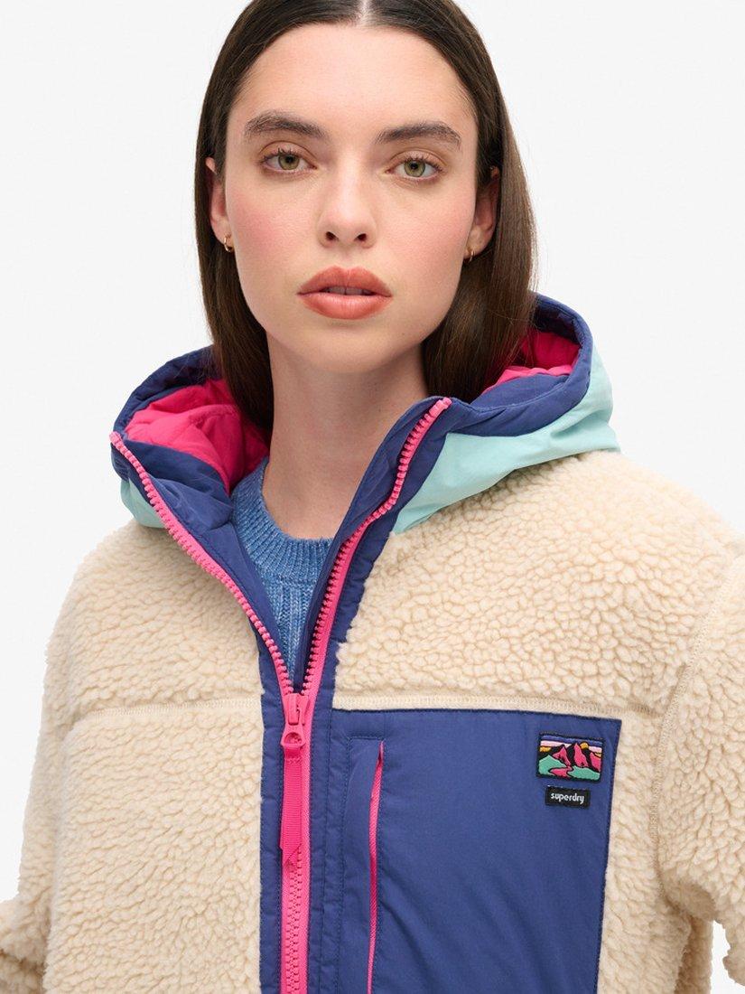 Product image 3 of 6, which shows Superdry Vintage Hooded Sherpa Jacket, Vintage Ecru, 8