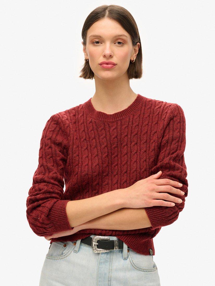 Superdry Fitted Cable Crew Neck Jumper, Claret Red