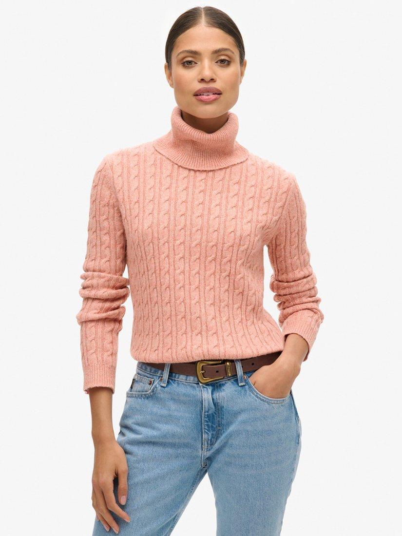 Product image 1 of 5, which shows Superdry Fitted Cable Roll Neck Jumper, Dusty Rose, 8