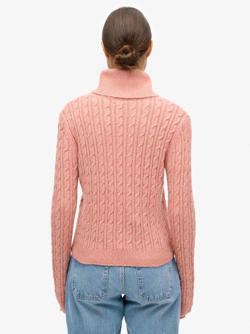 Product image 2 of 5, which shows Superdry Fitted Cable Roll Neck Jumper, Dusty Rose, 8