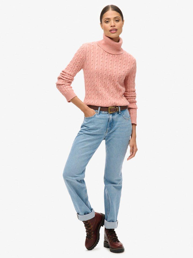 Product image 3 of 5, which shows Superdry Fitted Cable Roll Neck Jumper, Dusty Rose, 8