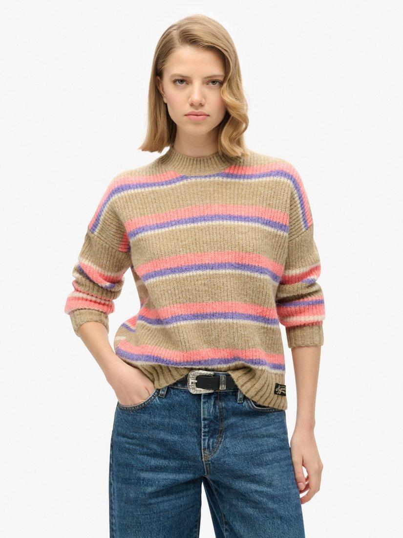 Product image 1 of 5, which shows Superdry Stripe Crew Neck Jumper, Caramel Brown/Multi, 8