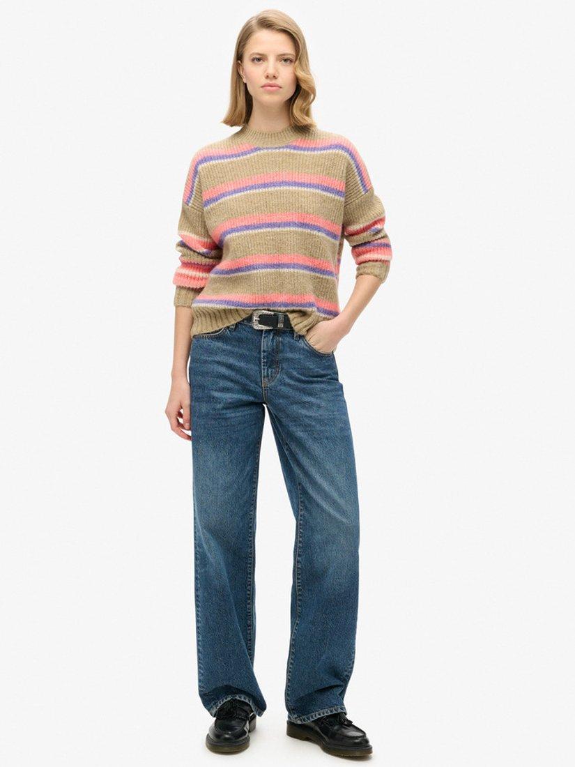 Product image 2 of 5, which shows Superdry Stripe Crew Neck Jumper, Caramel Brown/Multi, 8