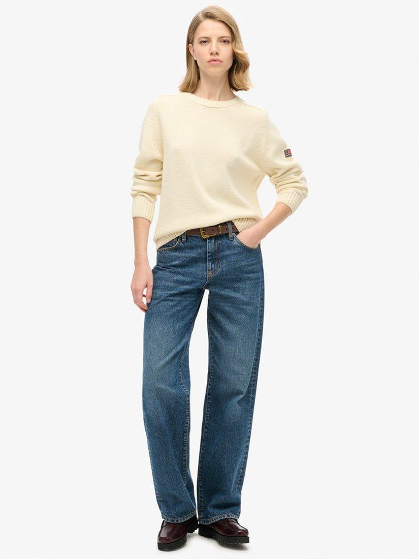 Product image 2 of 5, which shows Superdry Organic Cotton Slouchy Knitted Crew Sweatshirt, Natural White, 8