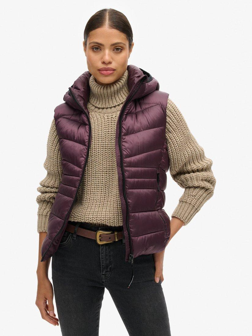 Product image 1 of 8, which shows Superdry Hooded Fuji Quilt Padded Gilet, Aubergine Purple, 8