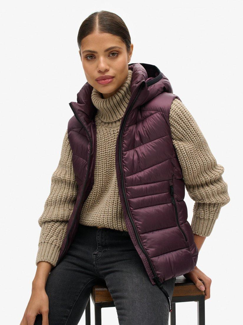 Product image 5 of 8, which shows Superdry Hooded Fuji Quilt Padded Gilet, Aubergine Purple, 8