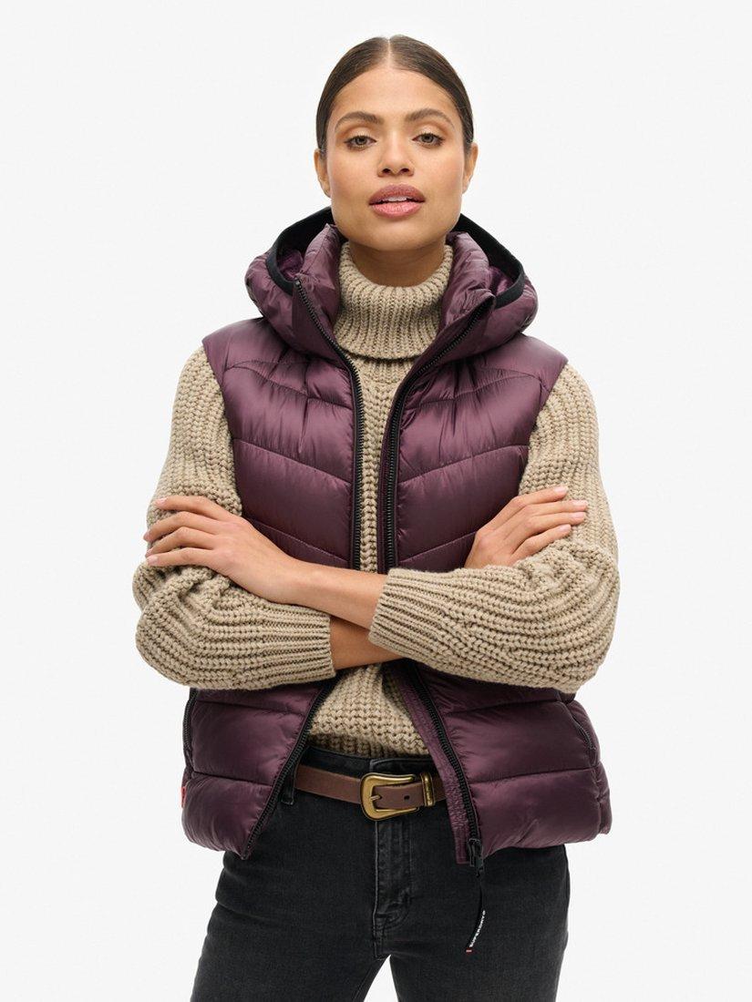 Product image 8 of 8, which shows Superdry Hooded Fuji Quilt Padded Gilet, Aubergine Purple, 8