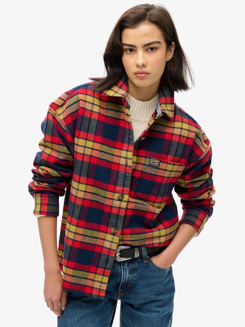 Product image 1 of 5, which shows Superdry Check Flannel Organic Cotton Overshirt, Navy/Red/Yellow, 8