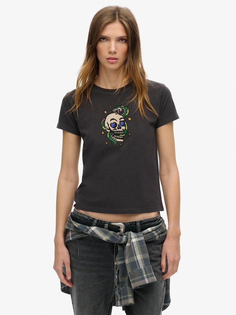 Product image 1 of 5, which shows Superdry Tattoo Rhinestone Organic Cotton T-Shirt, Bison Black, 8