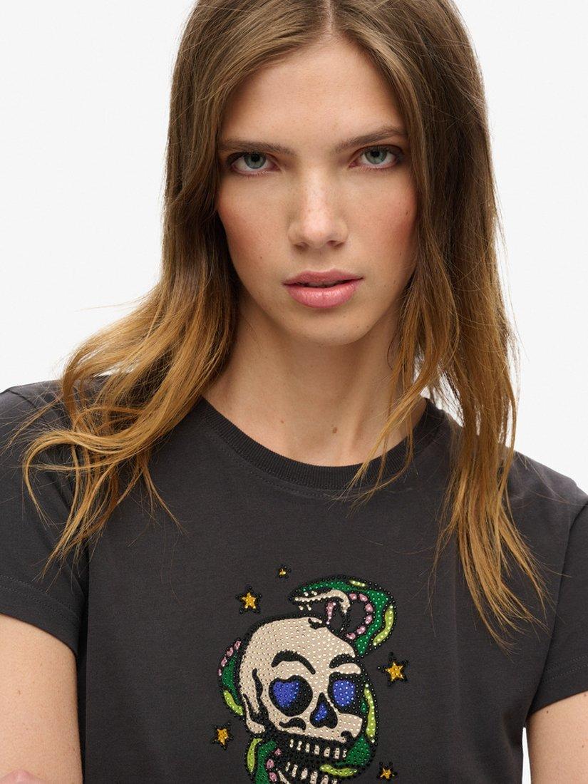 Product image 4 of 5, which shows Superdry Tattoo Rhinestone Organic Cotton T-Shirt, Bison Black, 8