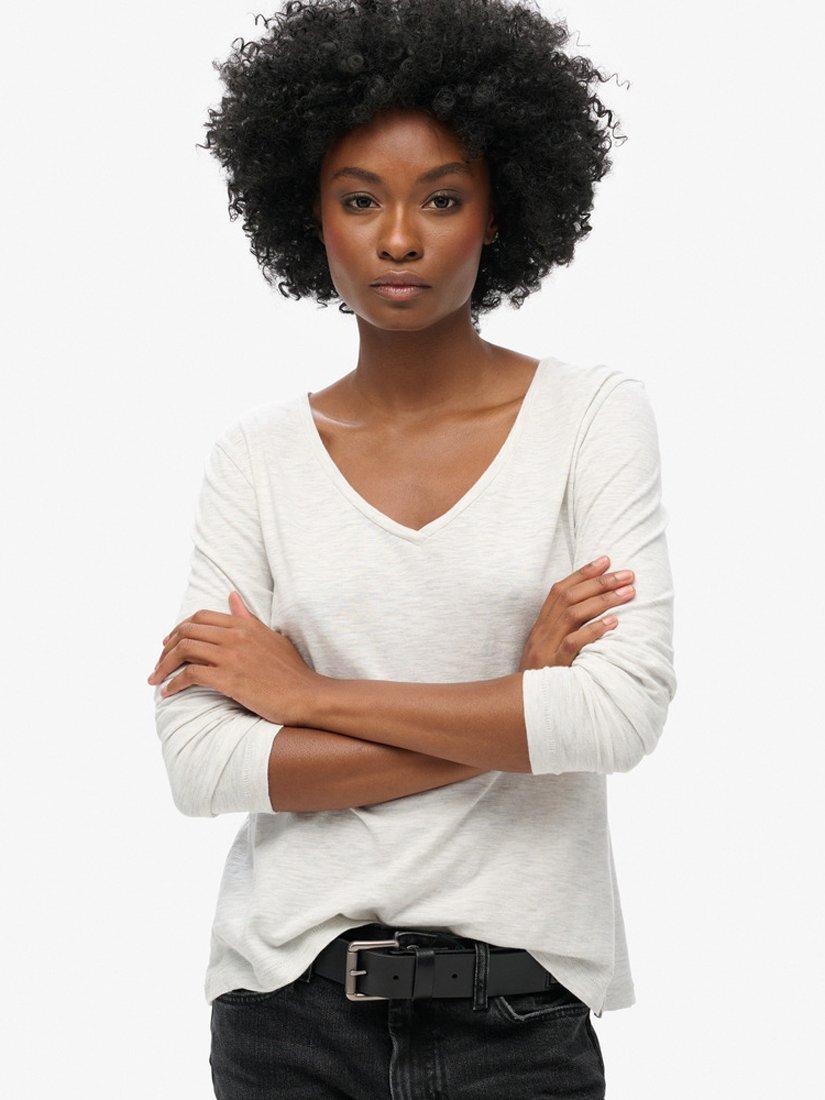Superdry Long Sleeve V-Neck Jersey Top, Starlight Grey Marl