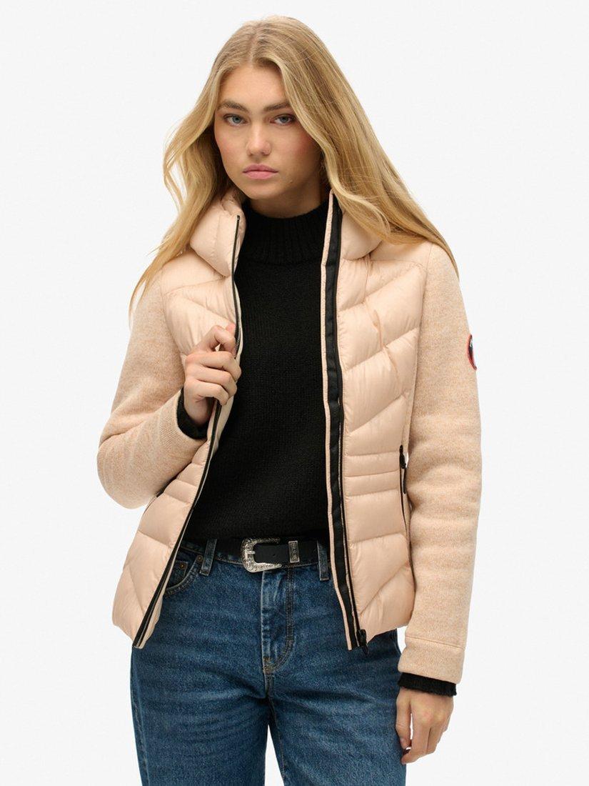 Product image 1 of 5, which shows Superdry Hooded Storm Knit Hybrid Jacket, Frappe Beige, 8