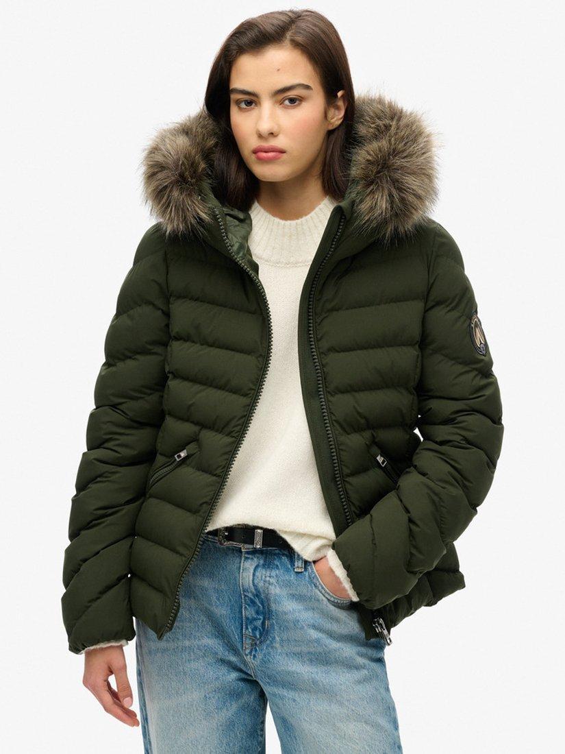 Product image 1 of 5, which shows Superdry Fuji Faux Fur Hooded Padded Jacket, Olive Green, 8
