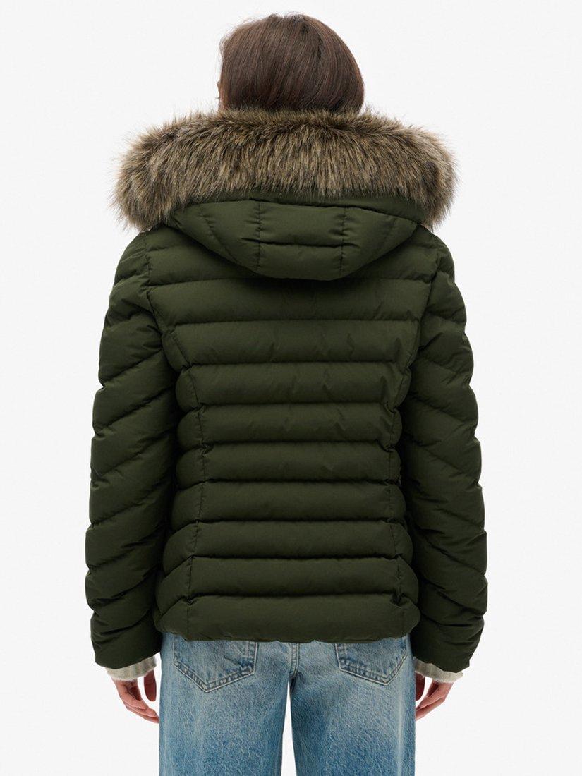 Product image 2 of 5, which shows Superdry Fuji Faux Fur Hooded Padded Jacket, Olive Green, 8