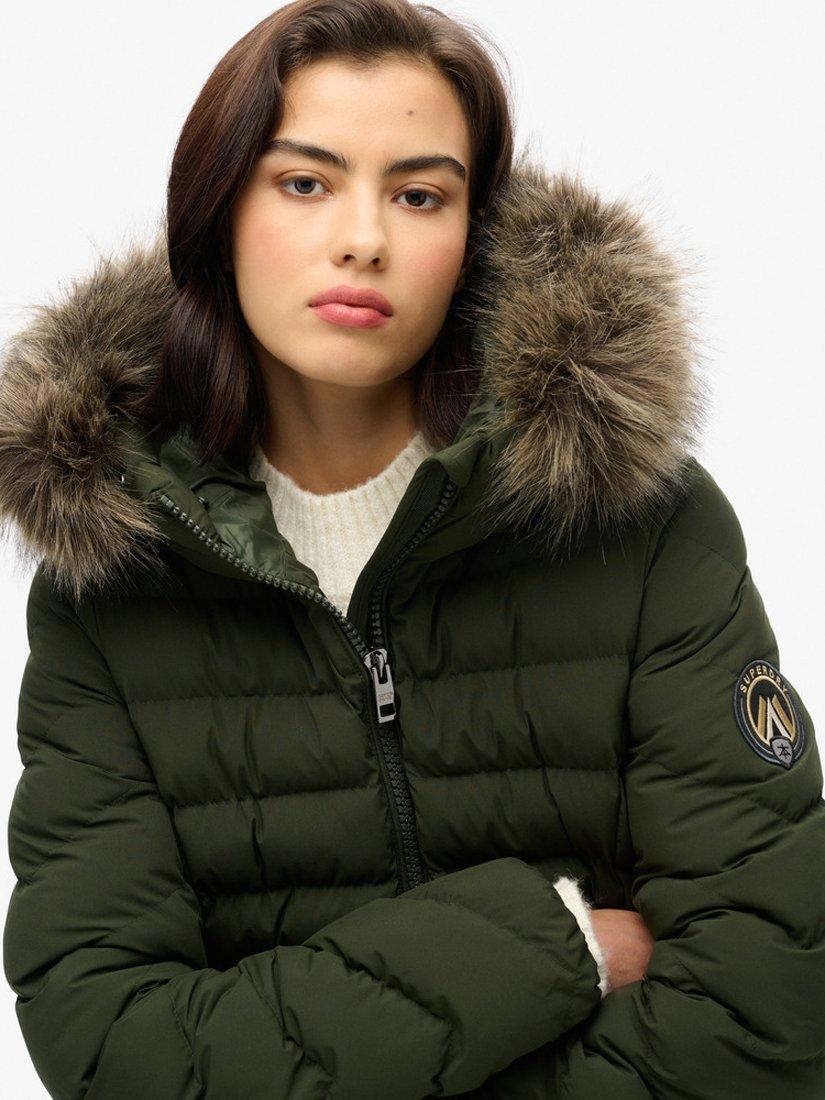 Product image 3 of 5, which shows Superdry Fuji Faux Fur Hooded Padded Jacket, Olive Green, 8