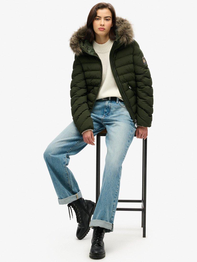 Product image 4 of 5, which shows Superdry Fuji Faux Fur Hooded Padded Jacket, Olive Green, 8