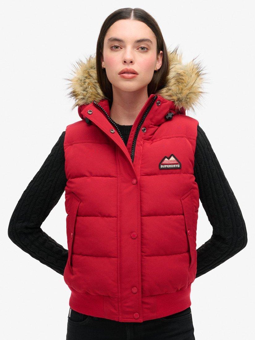 Product image 1 of 5, which shows Superdry Everest Faux Fur Gilet, Barndoor Red, 8